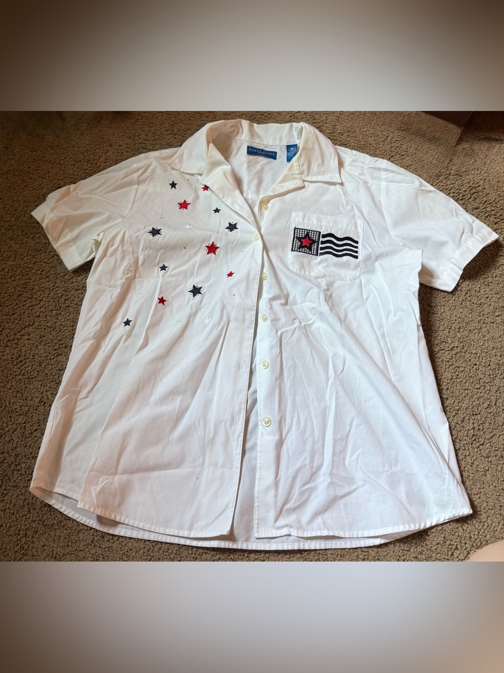 Karen Scott White Short-Sleeve Button-Down Shirt with Red & Navy Star Details